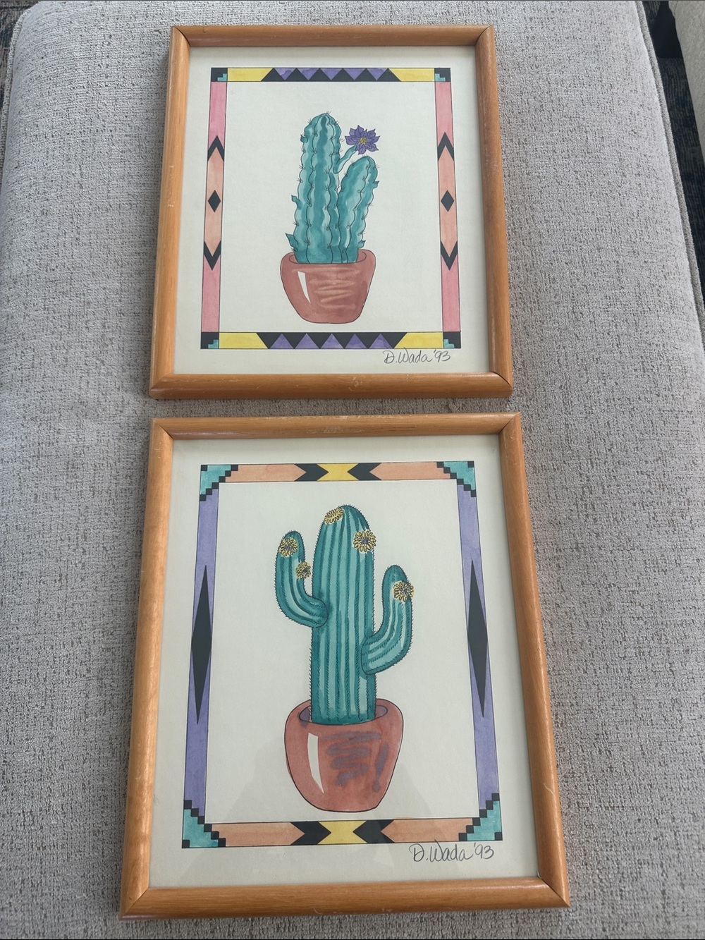 Vintage 1993 D. Wada Cactus Watercolor Framed Art Prints - Matching Pair